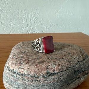 Vintage Stamped 925 Silver Emerald Cut Ruby Filigree Ring
